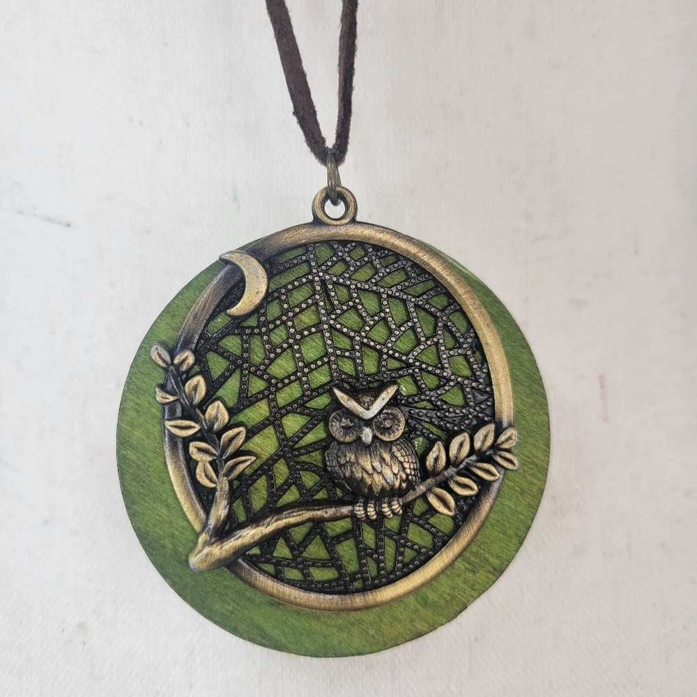 Owl Pendant Necklace - Metal And Wood With Faux Suede Cord